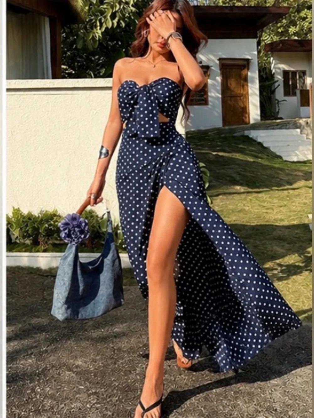 SHEIN VCAY Navy Polka Dot Cutout Maxi Dress Set NWOT Medium - Picture 1 of 3